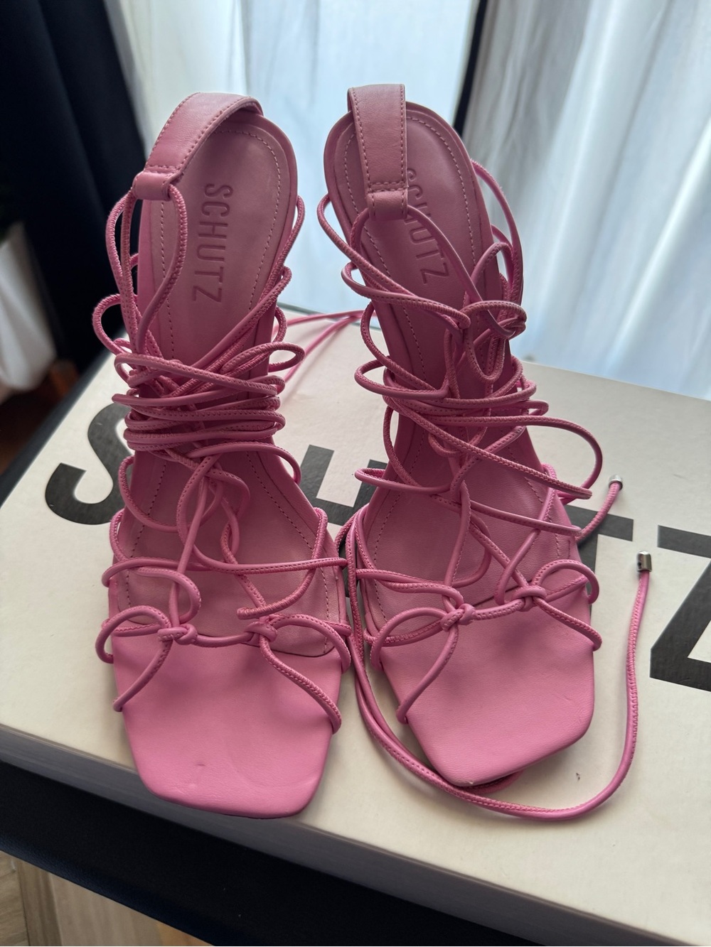 SCHUTZ Pink Lace-Up Strappy Heels